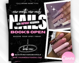 Peut inclure: Un graphique noir et blanc avec des accents roses annonçant des services de manucure. Le texte indique "new month, new nails NAILS 20€ DE DÉPÔT REQUIS LIVRES OUVERTS RÉSERVEZ VOTRE PLACE AUJOURD'HUI réserver maintenant @YOURINSTAGRAMHANDLE WWW.YOURWEBSITEHERE.COM richbabe EMPIRE Canva".