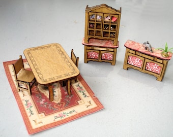 Quarter Scale Dining Room Kit 1:48 – Laser Cut Table, 4 Chairs, Buffet & Sideboard DIY Miniature Furniture
