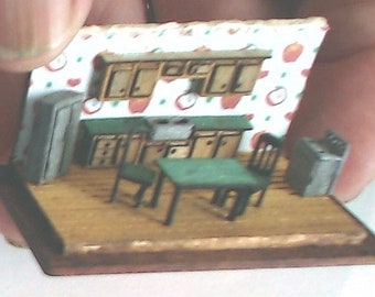 Miniature 1/144th scale Kitchen Set laser cut in wood - includes fridge, stove, table with 2 chairs, cabinets and sink