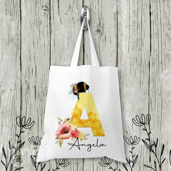 Bee Initial Tote Bag - Personalised Bee Gift for her, appreciation gift for teacher