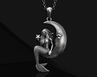 Oxidized Sterling Silver Mermaid Moon Necklace: Personalized 925 Silver Gift