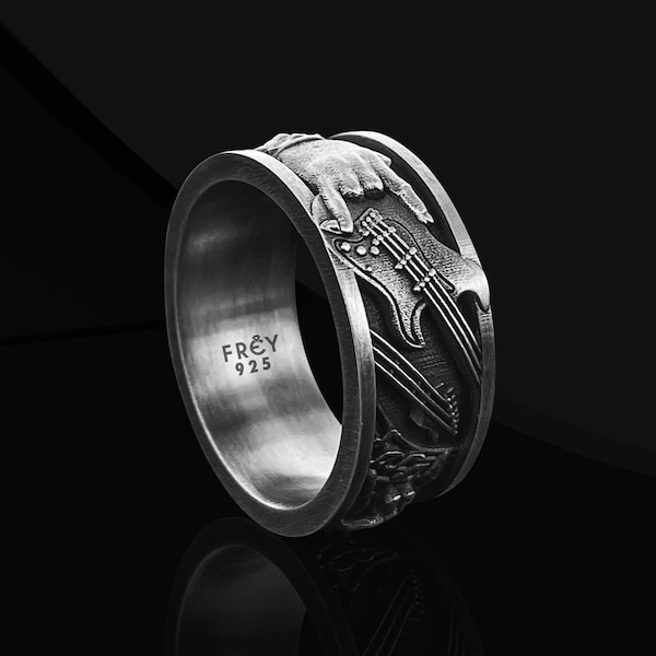 Bague de mariage en argent rockn roll pour homme, bague de guitare, bague de guitare motard à bascule, bague musicale électrique, cadeau de guitariste de chanteur de rock