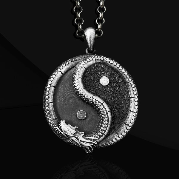 Dragon and Ying Yang Unusual Necklace For Men, Oxidized Chinese Mythology Medallion Necklace, Cool Male Ring For Boyfriend, Fantasy Necklace