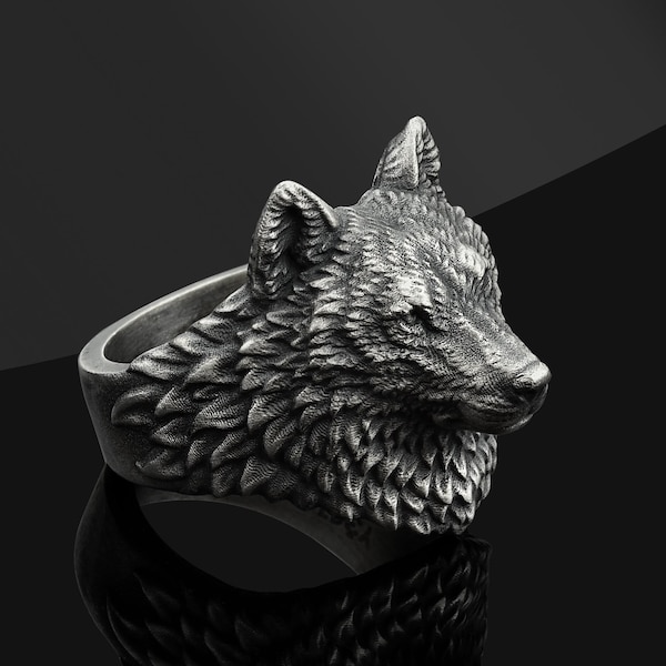 Wolf 925 Sterling Silver Handmade Men Ring, Personalized Sterling Silver Wolf Men Ring, Men's 925 Animal Head Accessory Fathers Day Gifts