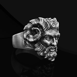 Pan God Gothic Oxidized Silver Ring for Boyfriend, Ancient Greek God Silver Jewelry, Greek Mythology Ring, Faun Gothic Silver Ring For Men