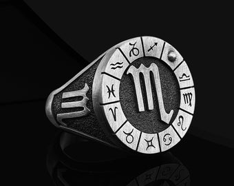 Scorpio Silver Engraved Signet Ring Gift For Birthday, Oxidized Male Pinky Ring, Zodiac Signet Ring, Scorpio Zodiac Jewelry Ring For Women