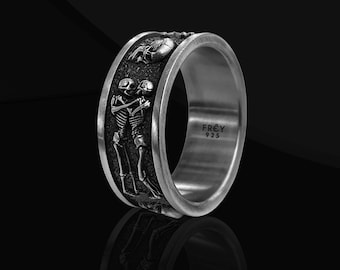 Anello nuziale con teschio scheletro gotico / Anello promessa in argento sterling, regalo per gli innamorati