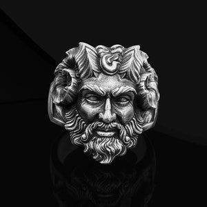 Pan God Gothic Oxidized Silver Ring for Boyfriend, Ancient Greek God Silver Jewelry, Greek Mythology Ring, Faun Gothic Silver Ring For Men