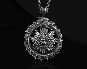 Colgante de dragón Ouroboros de plata esterlina hecho a mano - Collar de Ouroboros y ojo para hombre