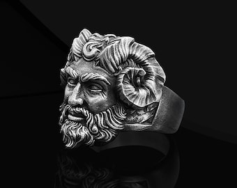 Pan God Gothic Oxidized Silver Ring for Boyfriend, Ancient Greek God Silver Jewelry, Greek Mythology Ring, Faun Gothic Silver Ring For Men