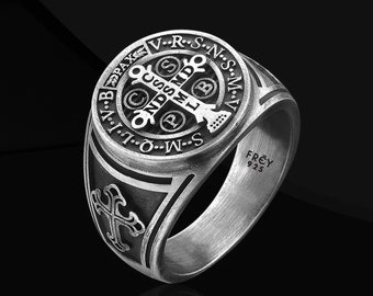 Saint Benedict Antique Silver Ring For Men, Unique Rings Saint Benedict Exorcism Ring, 925k Silver Men Signet Ring, Religious Rings for Him