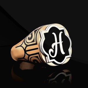Anillos de letras personalizables para hombres, anillo de sello de símbolo de letra del alfabeto de esmalte chapado en rosa de plata esterlina, anillo inicial de sello inicial para hombres