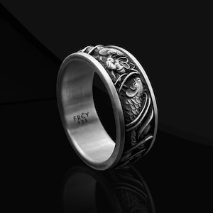 Japanese Koi Fish Sterling Silver Mens Ring, Silver Floral Carp Koi Fish Wedding Ring for Women, Engraved Koi Fish Band Ring for Boyfriend