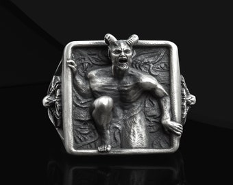 Baphomet Silver Goat Head Satanic Religion Deity Pagan Ring Jewelry, Fallen Angel Lucifer 925 Sterling Silver Ring, Silver Rings for men
