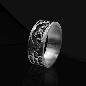 Anillo de plata de ley con león y tigre: banda ancha de animal para hombre