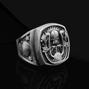 Oxidized Sterling Silver Biker Skull Ring: Gothic Motorcycle Jewelry