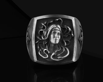 Anillo de sello de Medusa hecho a mano: joyería de plata de ley de la mitología griega