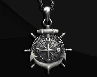 Kompass Anker 925k oxidierte Silberkette, nautisches altes Medaillon, Herren Halskette Silber Anhänger, personalisierte Kompass Geschenk für ihn