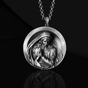 Religious Silver Holy Mother Mary Necklace, Silver Virgin Mary Necklace for her, Virgin Mary Pendant, Holy Mother Gift for Christian Husband