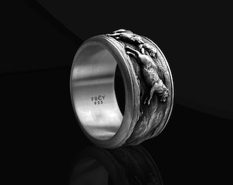 Sterling Silver Wolf Ring: Engraved Nature Band, Mens Promise Jewelry