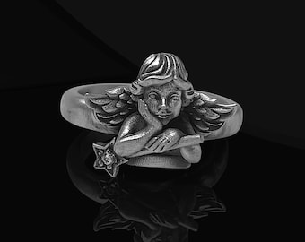 Anillo de plata de ley oxidada con ángel de la guarda: Regalo religioso, espiritual y celestial