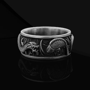 Oxidized Sterling Silver Koi Fish Dragon Ring - Rotating Band