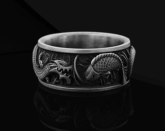 Oxidized Sterling Silver Koi Fish Dragon Ring - Rotating Band