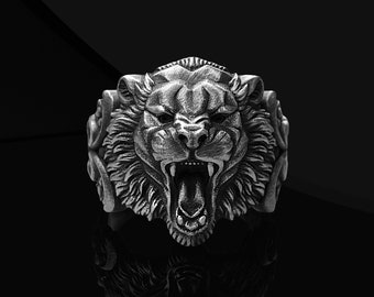 Anillo de sello de león en plata de ley oxidada - Joyería artesanal para hombre
