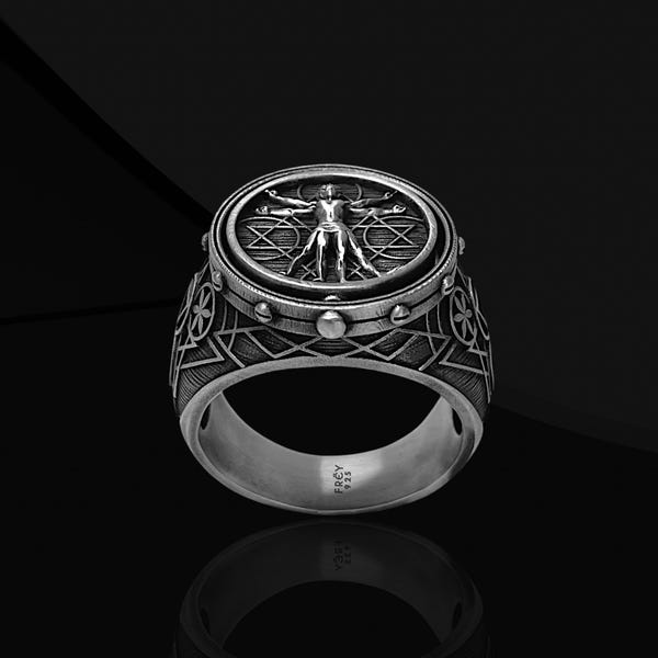 Vitruvian Man Rotating Sterling Silver Ring: Esoteric Mens Jewelry