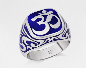 925 Sterling Silver Enamel Om Symbol Seal Ring, Meditation Rings For Man, Mens Silver Enamel Om Rings , Men Silver Om Rings Best friend gift