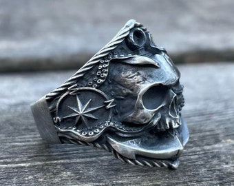 Anello in argento sterling 925 fatto a mano con teschio pirata per uomo, anello gotico teschio marinaio vintage, anello teschio polpo bussola ancoraggio regalo per lui