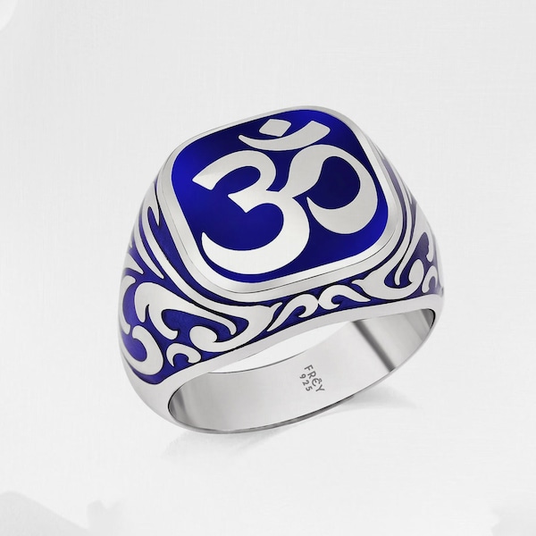 925 Sterling Silver Enamel Om Symbol Seal Ring, Meditation Rings For Man, Mens Silver Enamel Om Rings , Men Silver Om Rings Best friend gift