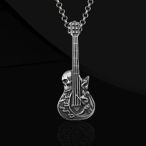 Skull Rock Guitar Necklace: Handmade Sterling Silver Music Pendant