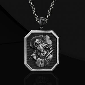 Oxidized Sterling Silver Jesus Medallion Necklace - Christian Religious Pendant