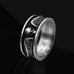 Oxidized Sterling Silver Skull Ring: Gothic Biker Wedding Band