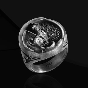 Moon Dragon Handmade Sterling Silver Ring Gift For Men, Dragon Silver Men Jewelry, Dragon Moon Sterling Silver Men Ring, Gift for Him