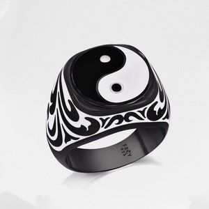 Yin Yang 925 Sterling Silver Enamel Ring for Men, Meditation Yin Yang Ring For Men, Spiritual Jewelry, Tai Chi Ring Silver Enamel Ring