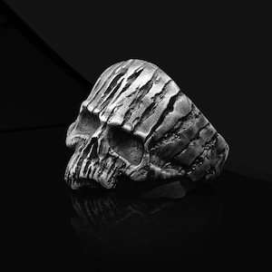 Sterling Silver Rugged Wooden Skull Ring for Men, Heavy Metal Gothic Skull Biker Ring, Guardians of the Galaxy Jewelry, Halloween Gift