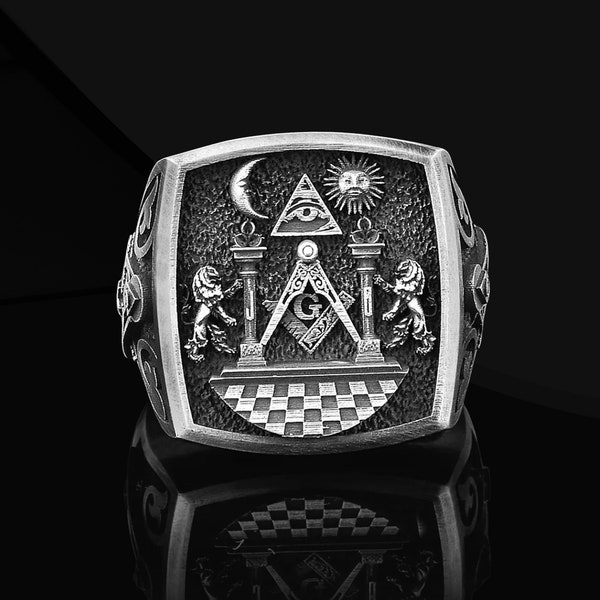 Mens Masonic 925 Sterling Silver Ring For Men, Master Mason Jewelry, Freemason Jewelry, Masonry Signet Ring, Masonic Handmade Rings for Man