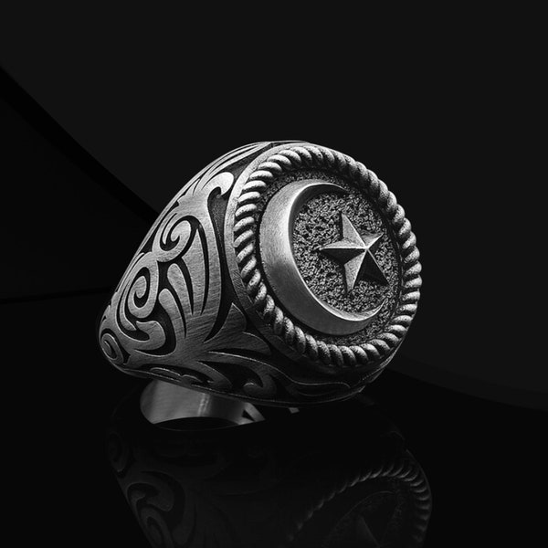 Crescent and Star Ring Silver Ottoman Ring Mens Moon and Star Ring Turkish Moon and Star Men Ring Ottoman Rings For Men islamic Ring Jewelry