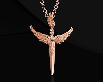 Handmade Rose Silver Angel Wing Sword Necklace: 925 Sterling Silver Pendant