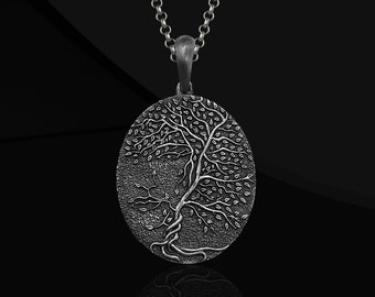 Sterling Silber Yggdrasil Halskette: Gravierte Baum des Lebens Amulett