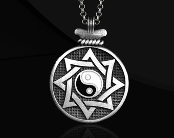 Dragon and Ying Yang Unusual Necklace For Men, Oxidized Chinese Mythology Medallion Necklace, Cool Male Ring For Boyfriend, Fantasy Necklace