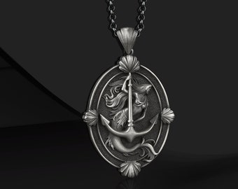 Mermaid Siren Charm Oxidized Silver Necklace, Anchor Mermaid Pendant,  Mermaid Jewelry Necklace, Siren Jewelry Special Gift For Girlfriend