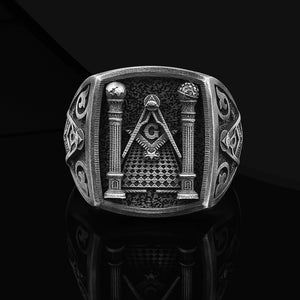 Master Mason Symbol with Engraved Eye of Providence Handmade Sterling Silver Men Ring, Freemason and Eye of Providence Silver Men Jewelry
