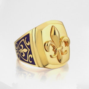 Elegante zegelring Fleur de Lys - sterlingzilveren pinkring heren - goud gegraveerde zilveren ring voor heren - uniek cadeau voor hem