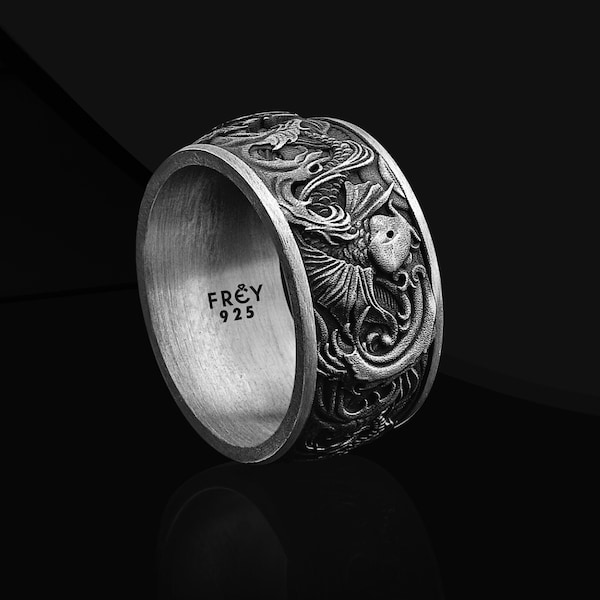 Anello da uomo con motivi giapponesi con carpa e onde, anello nuziale in argento sterling 925 con pesce koi giapponese per uomo, anello nuziale da uomo in argento sterling