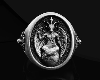 Baphomet Goat Head Sterling Silver Ring: Satanic Pagan Jewelry