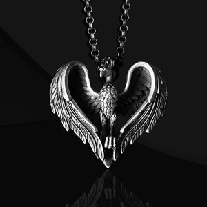Winged Phoenix Handmade Sterling Silver Men Charm Necklace, Ancient Greek Mythology Phoenix Jewelry, Mythical Bird Pendant, Animal Necklace