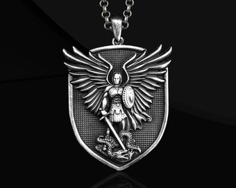 Archangel Michael Sterling Silver Shield Pendant: Orthodox Necklace